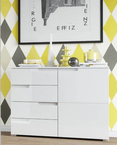Santino Modern White High Gloss Narrow Sideboard with 4 Drawers & 1 Door - UK Luxury Furniture